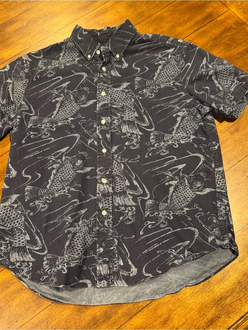 Ralph Lauren Black Short-Sleeve Button-Down Shirt with Koi Print